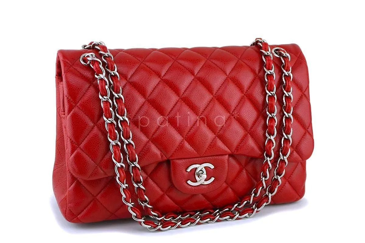 11P Chanel Red Caviar Jumbo Classic Double Flap Bag SHW