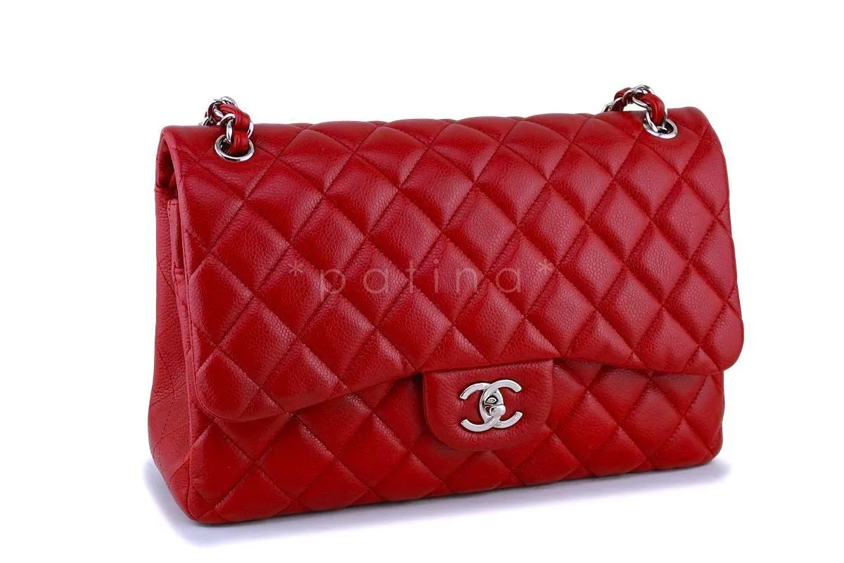 11P Chanel Red Caviar Jumbo Classic Double Flap Bag SHW