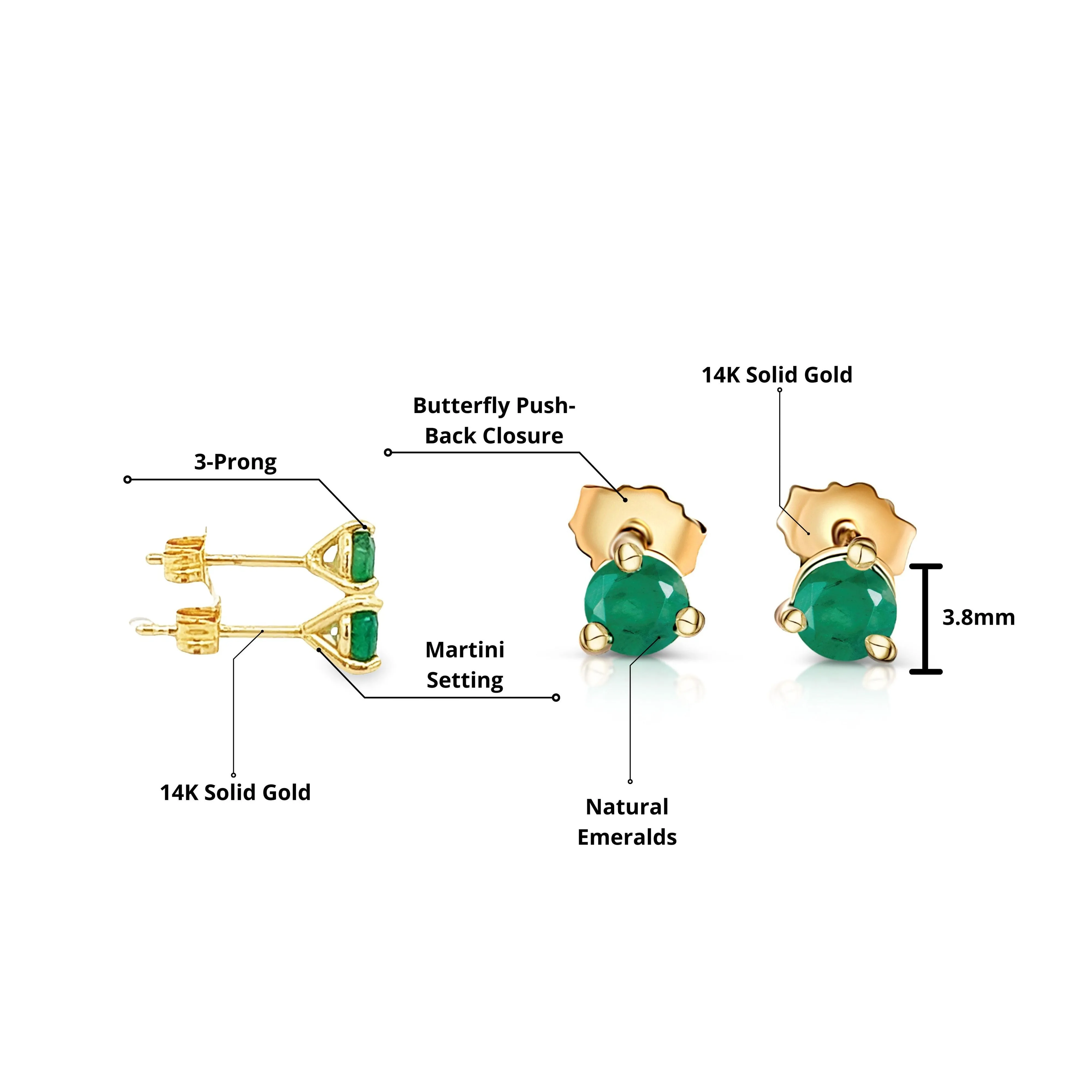 1/2 Carat Round Cut Natural Emerald Stud Earrings in 14K Yellow Gold 3-Prong Martini Setting