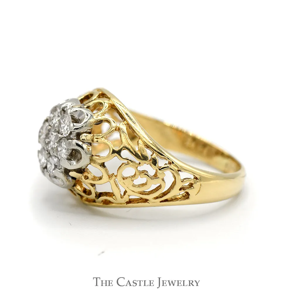 1/2cttw 7 Stone Kentucky Diamond Cluster Ring with Filigree Sides in 14k Yellow Gold