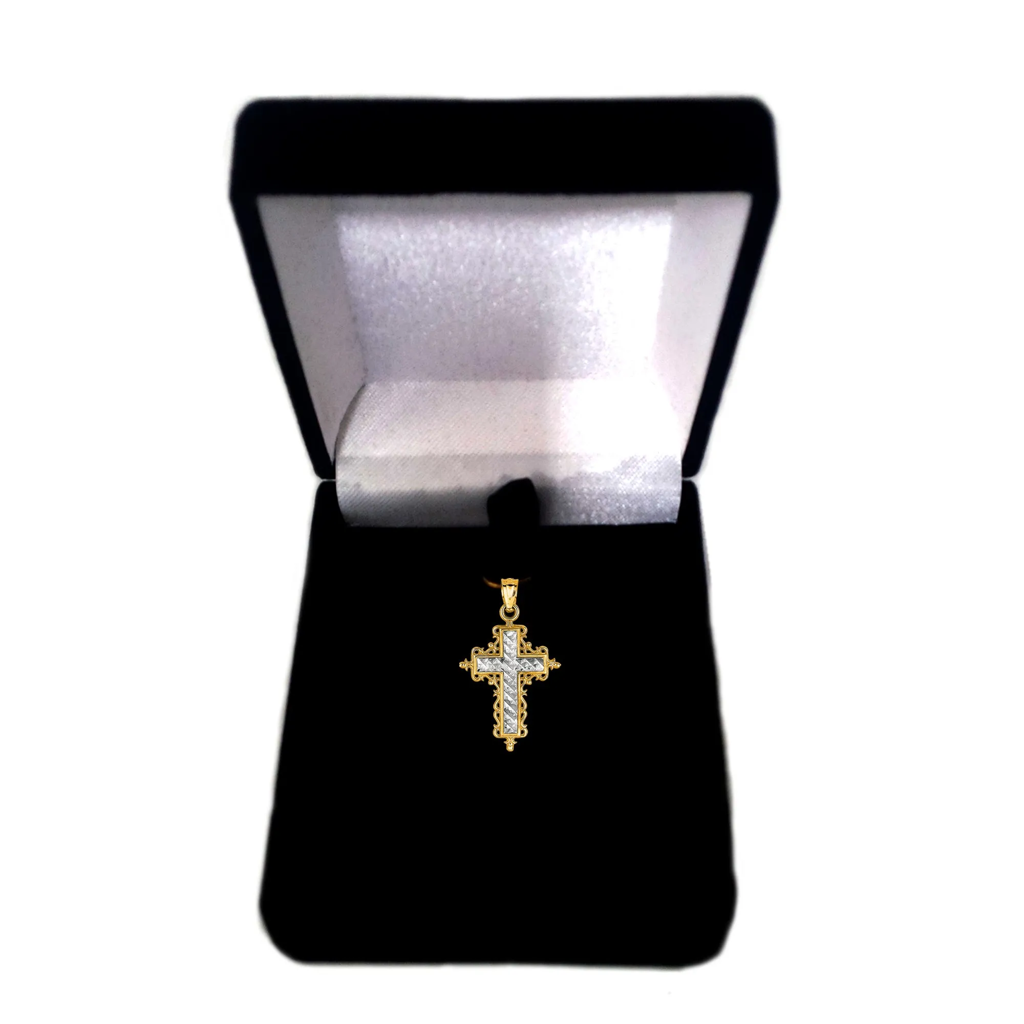 14k 2 Tone Gold Diamond Cut Round Filigree Design Cross Pendant