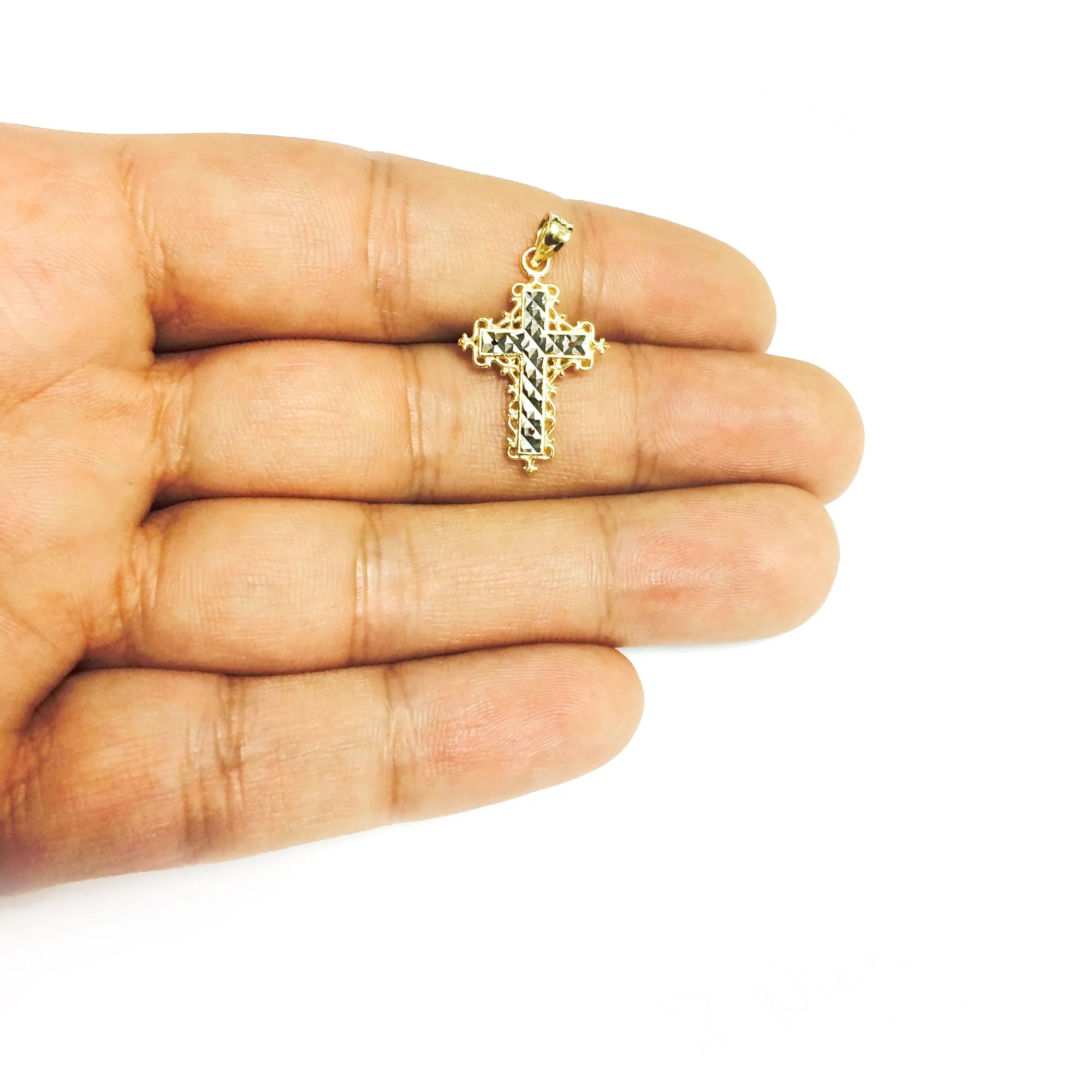 14k 2 Tone Gold Diamond Cut Round Filigree Design Cross Pendant