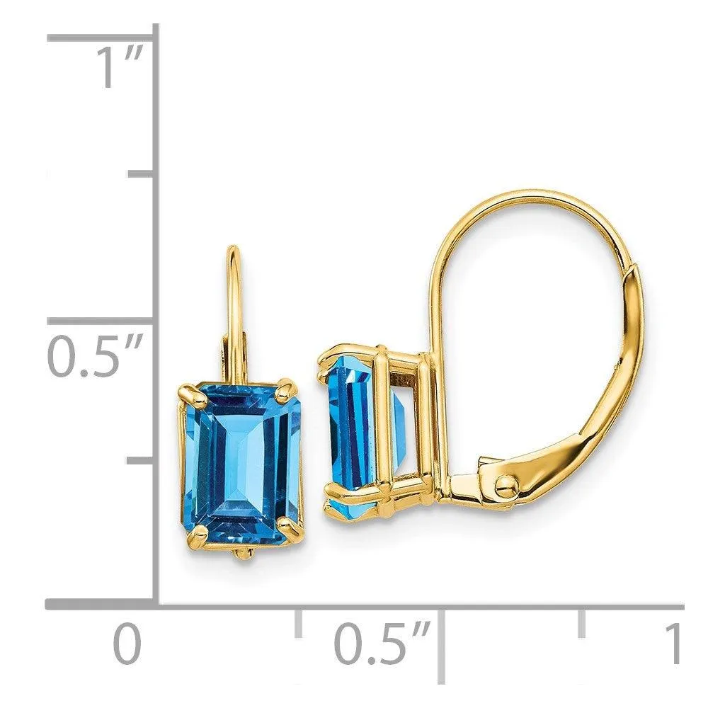 14k 7x5mm Emerald Cut Blue Topaz Leverback Earrings