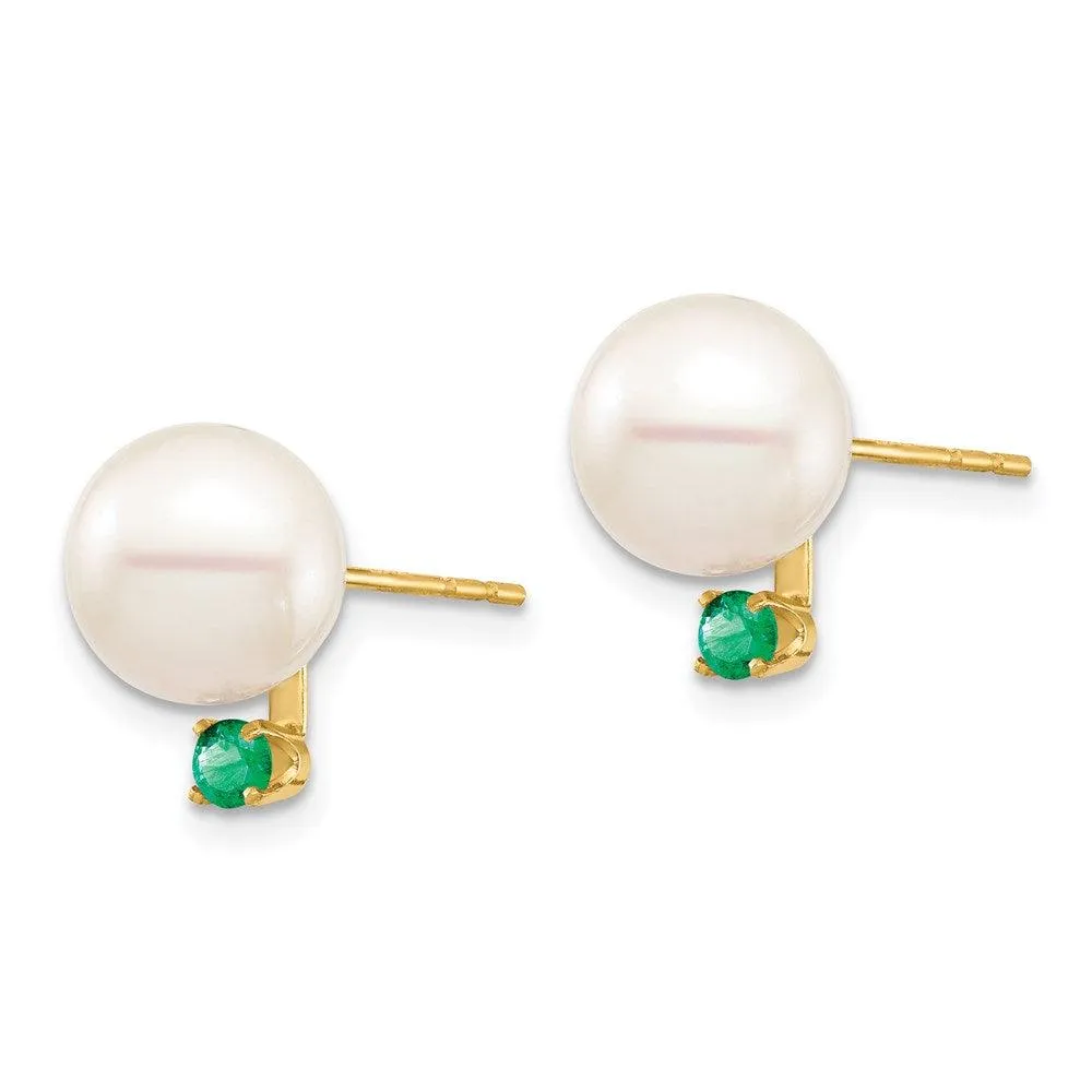 14K 8-8.5mm White Round Freshwater Cultured Pearl Emerald Post Earrings