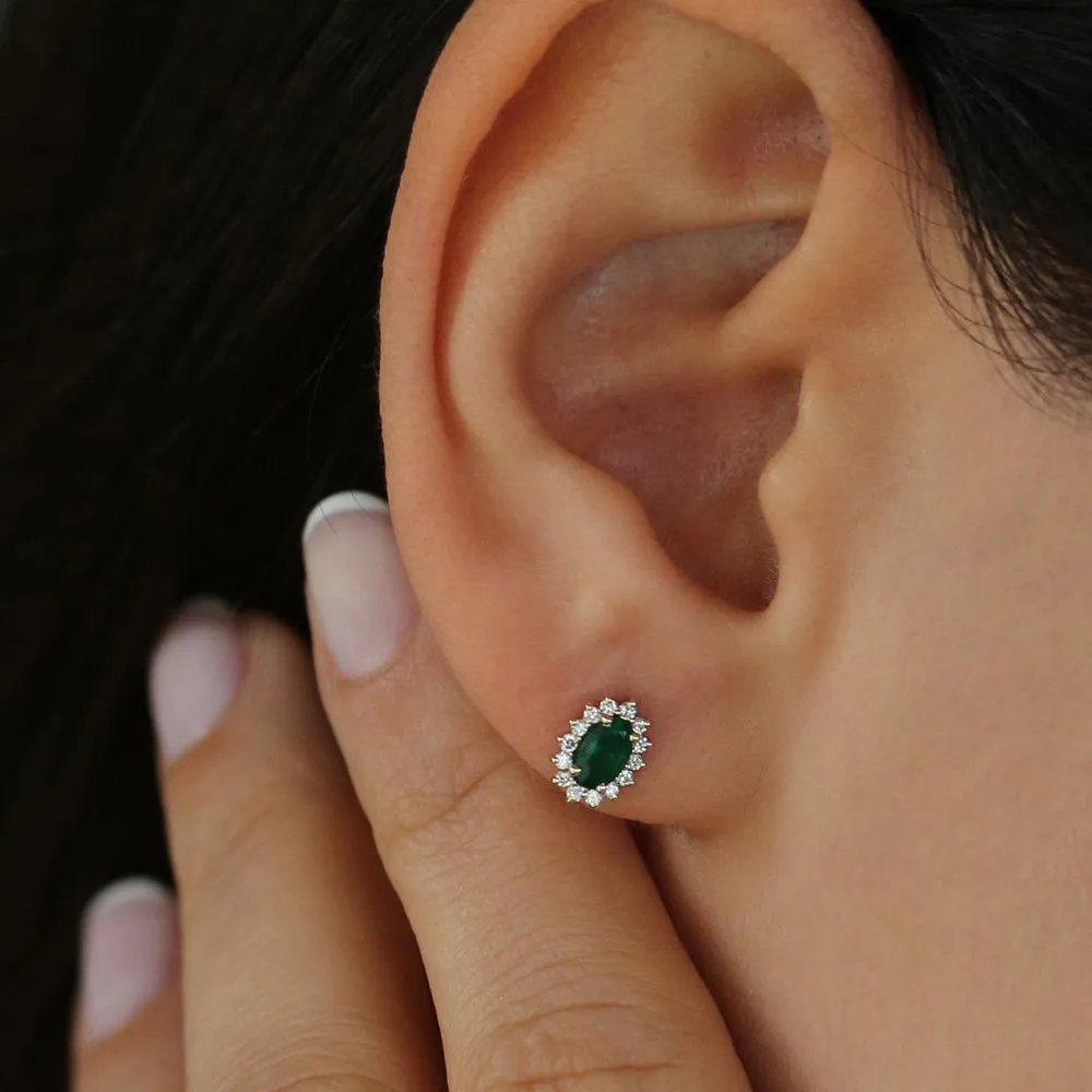 14k Emerald Earrings with Halo Diamonds