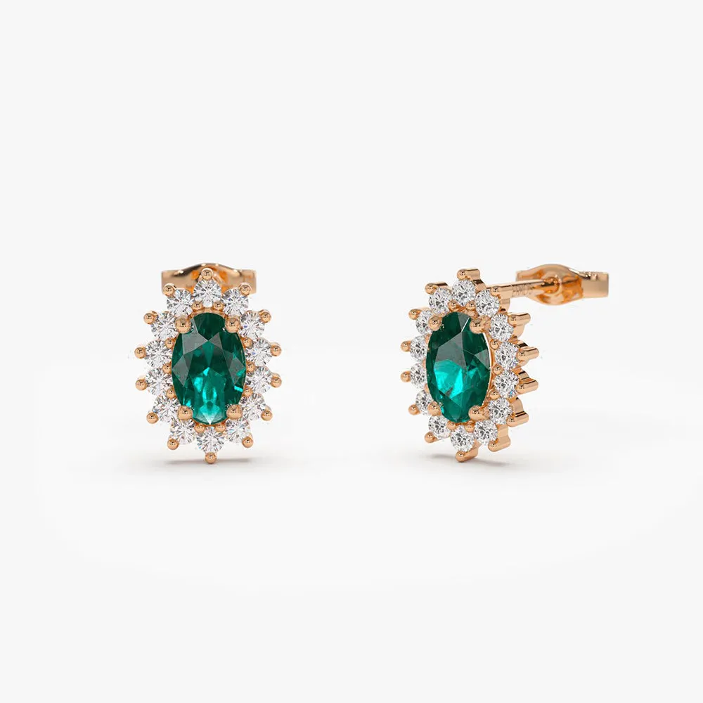 14k Emerald Earrings with Halo Diamonds