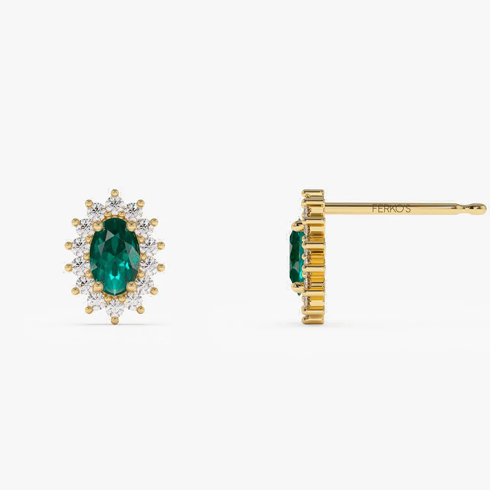 14k Emerald Earrings with Halo Diamonds