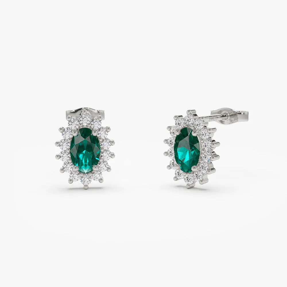 14k Emerald Earrings with Halo Diamonds