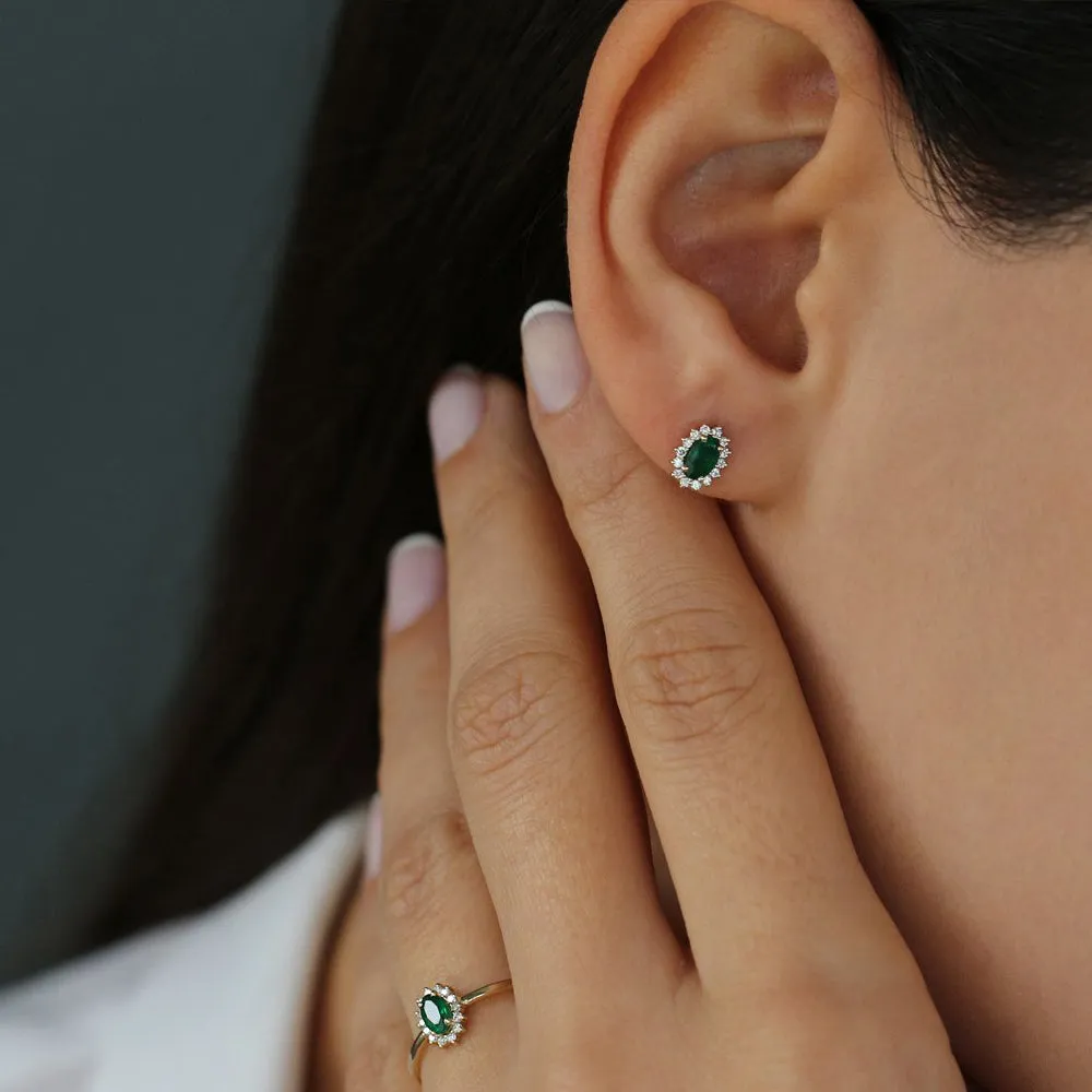 14k Emerald Earrings with Halo Diamonds