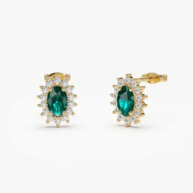 14k Emerald Earrings with Halo Diamonds