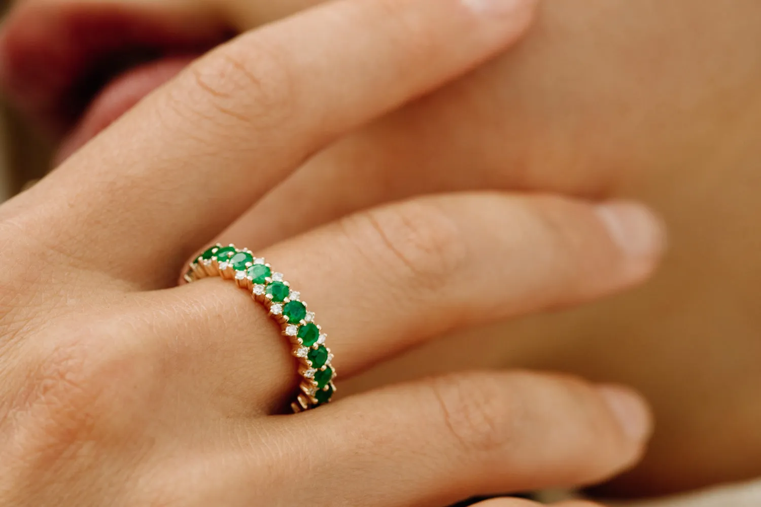 14k Full Eternity Round Emerald and Diamond Anniversary Ring