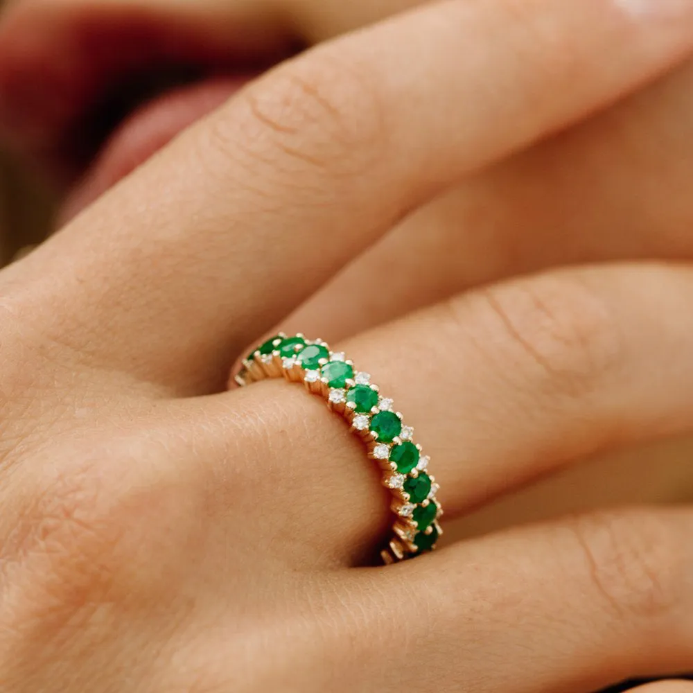 14k Full Eternity Round Emerald and Diamond Anniversary Ring