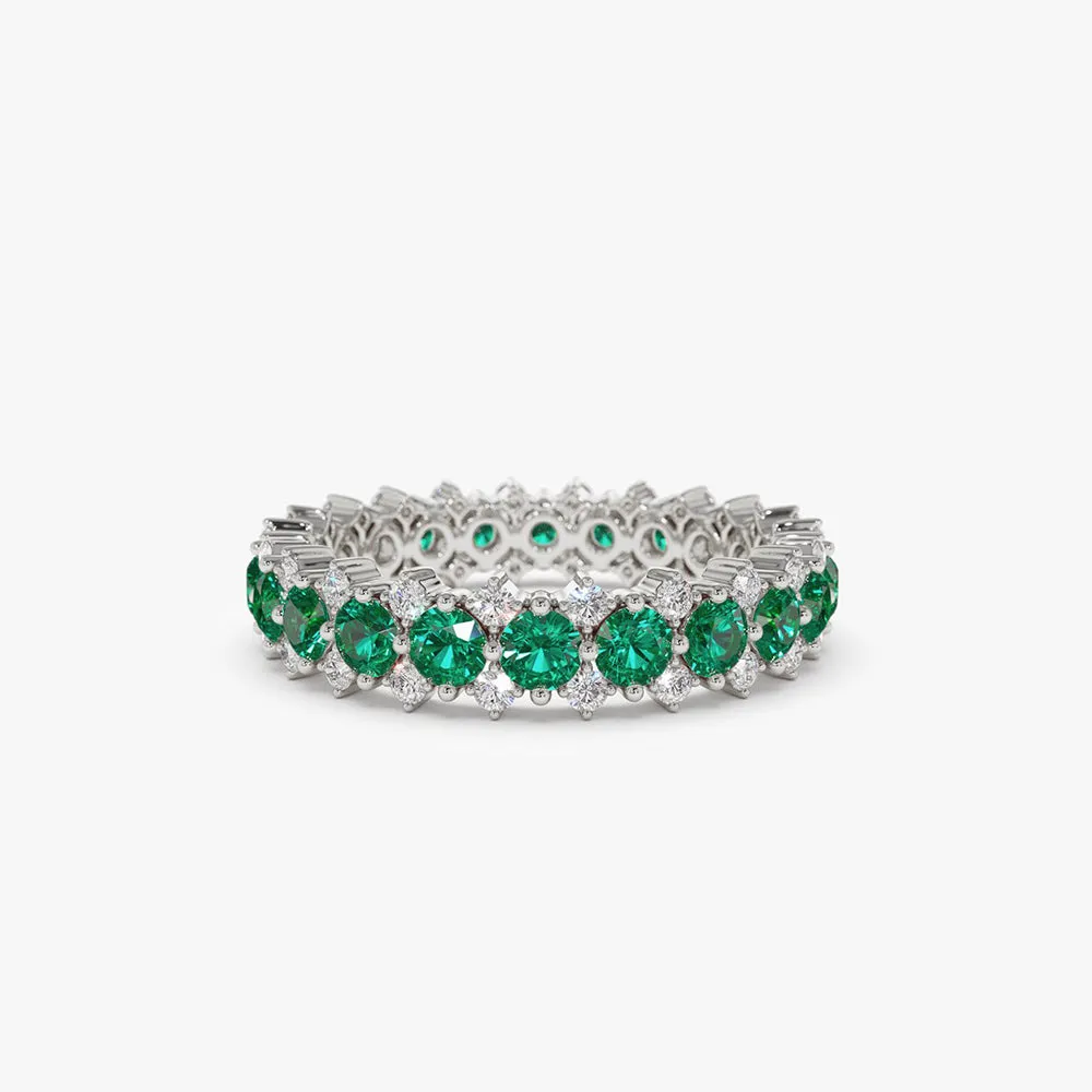 14k Full Eternity Round Emerald and Diamond Anniversary Ring