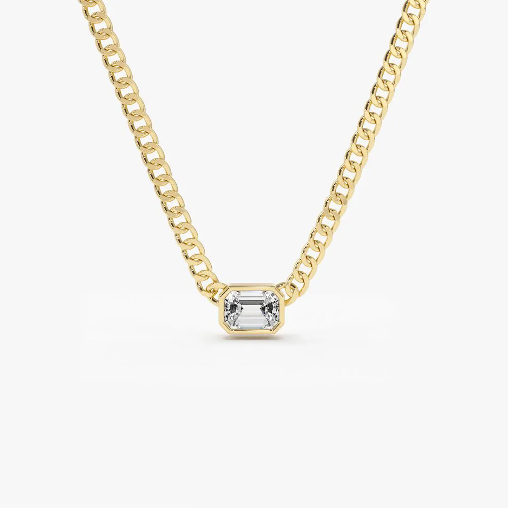 14k Gold Cuban Link Bezel Setting Emerald Cut Diamond Necklace