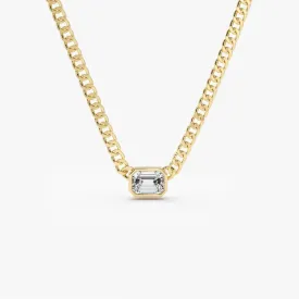 14k Gold Cuban Link Bezel Setting Emerald Cut Diamond Necklace