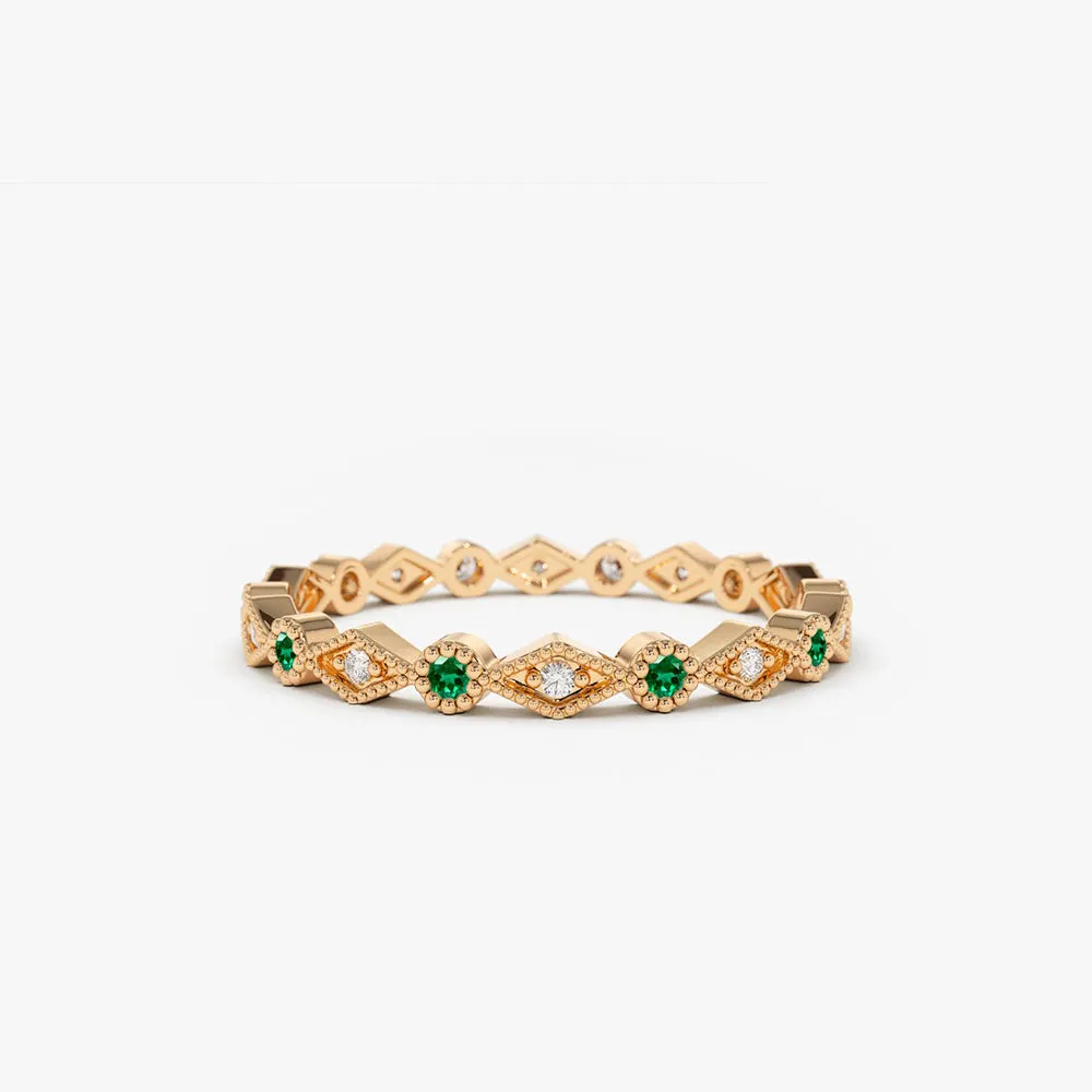 14k Gold Emerald Art Deco Wedding Band