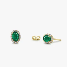 14k Gold Oval Cut Emerald Diamond Earrings