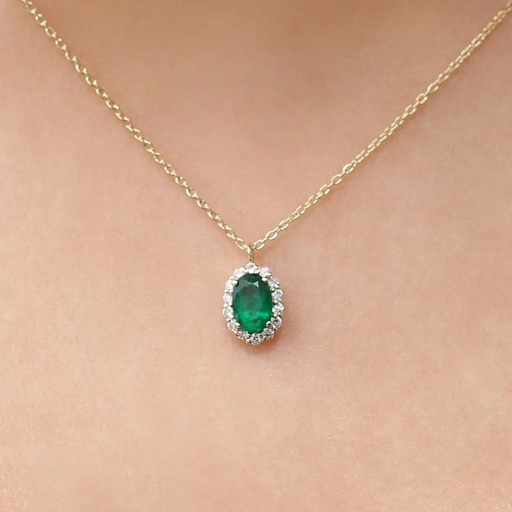 14K Gold Oval Cut Emerald Halo Diamond Necklace