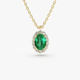 14K Gold Oval Cut Emerald Halo Diamond Necklace