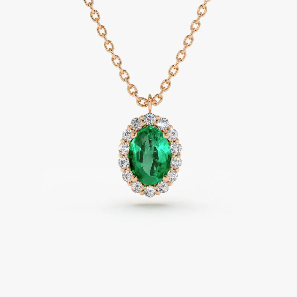 14K Gold Oval Cut Emerald Halo Diamond Necklace