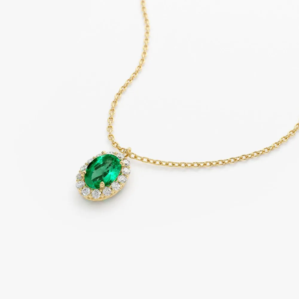 14K Gold Oval Cut Emerald Halo Diamond Necklace