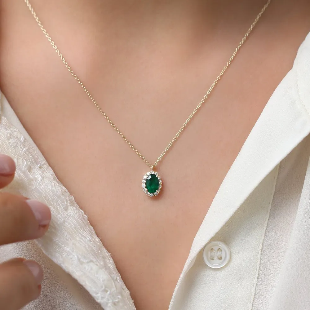 14K Gold Oval Cut Emerald Halo Diamond Necklace