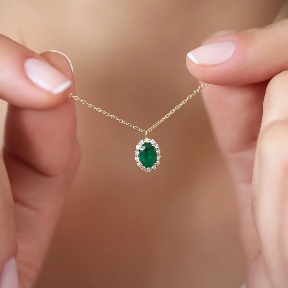 14K Gold Oval Cut Emerald Halo Diamond Necklace