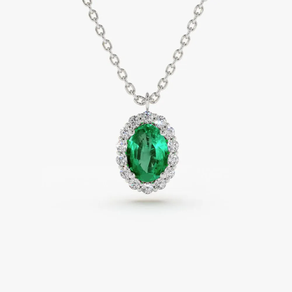 14K Gold Oval Cut Emerald Halo Diamond Necklace