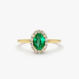 14K Gold Oval Cut Emerald Halo Diamond Ring