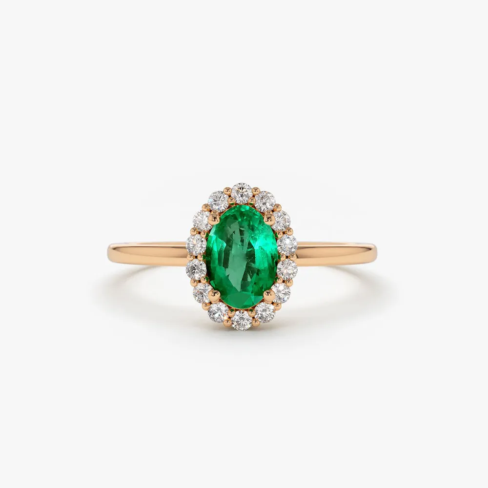 14K Gold Oval Cut Emerald Halo Diamond Ring