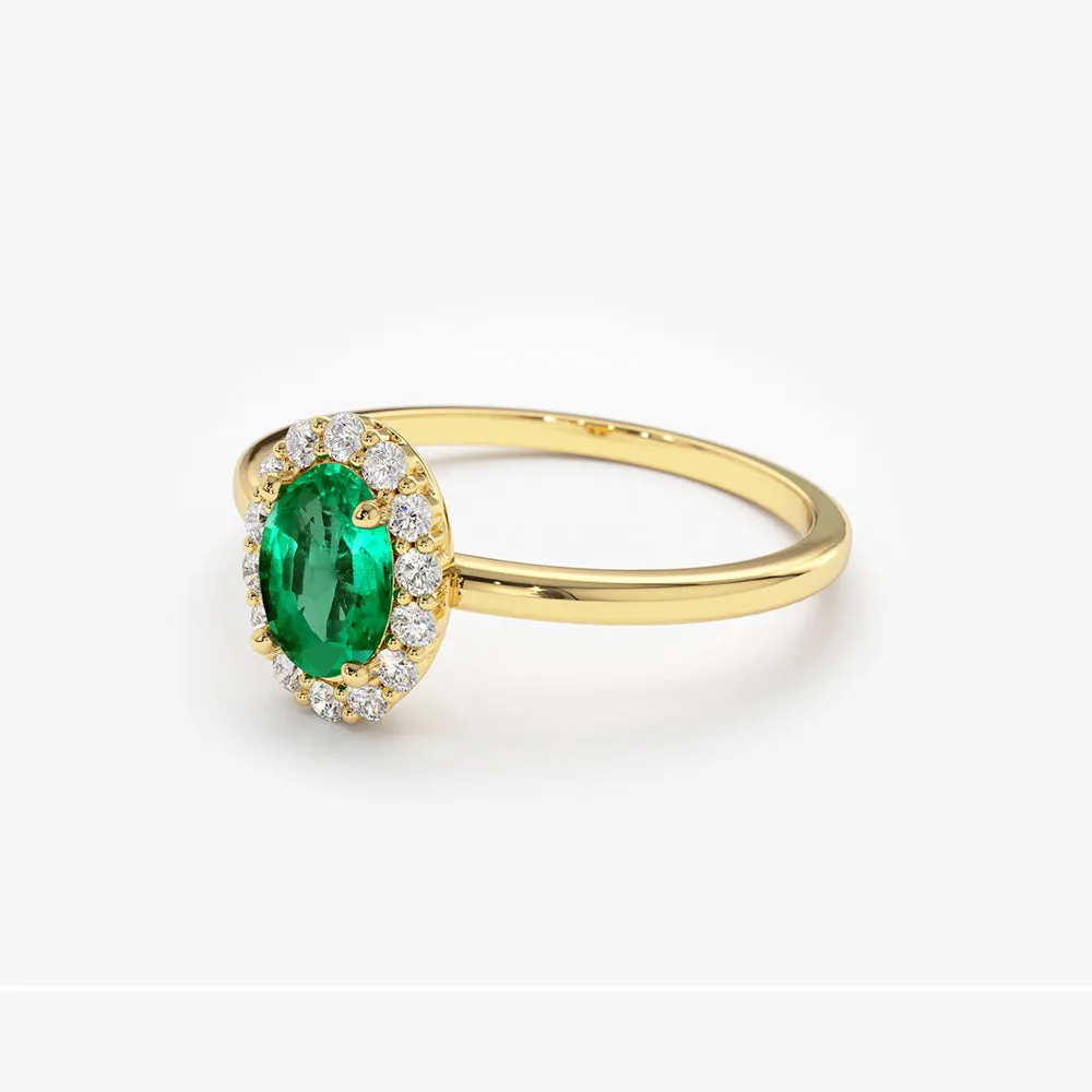 14K Gold Oval Cut Emerald Halo Diamond Ring