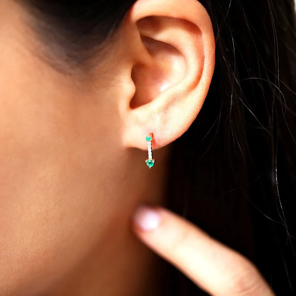 14K Gold Round Emerald and Diamond Earrings