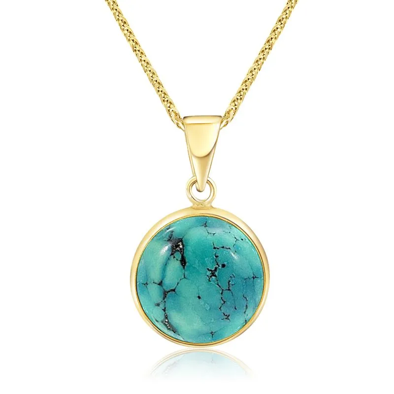 14K Gold Turquoise Pendant - Handmade, Large Round Gem