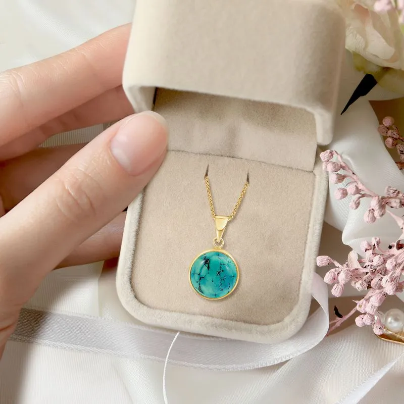 14K Gold Turquoise Pendant - Handmade, Large Round Gem