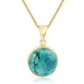 14K Gold Turquoise Pendant - Handmade, Large Round Gem