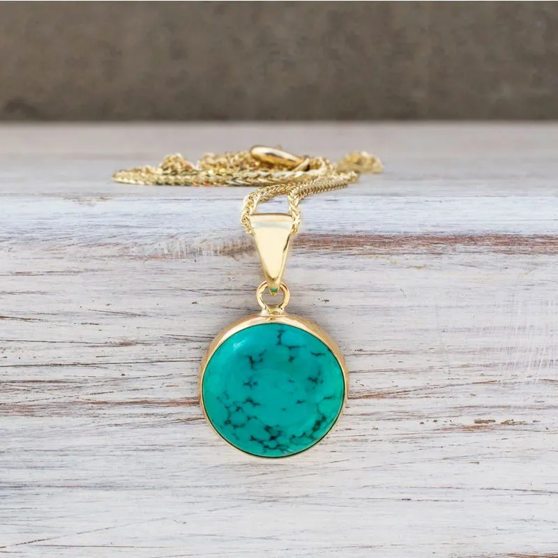 14K Gold Turquoise Pendant - Handmade, Large Round Gem