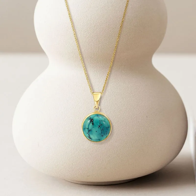 14K Gold Turquoise Pendant - Handmade, Large Round Gem