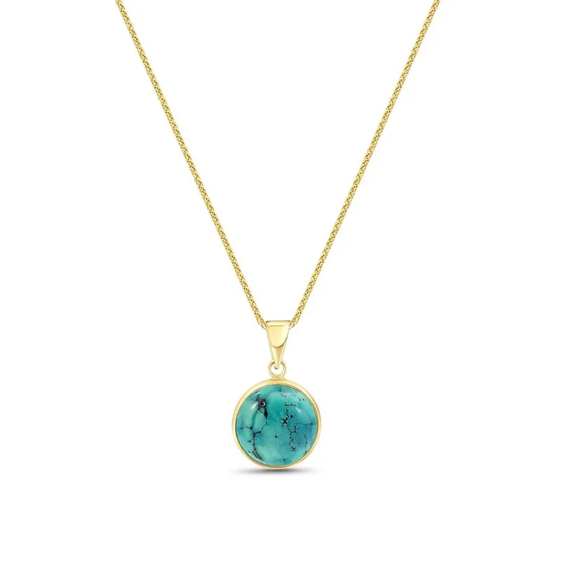 14K Gold Turquoise Pendant - Handmade, Large Round Gem