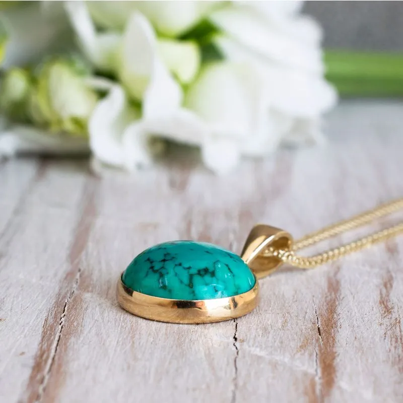 14K Gold Turquoise Pendant - Handmade, Large Round Gem