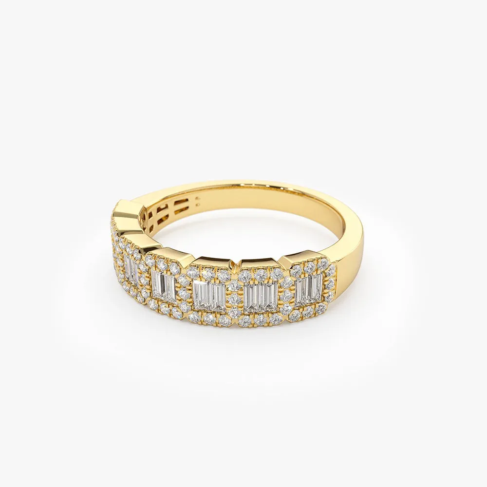 14K Gold Unique Baguette and Round Diamond Anniversary Ring