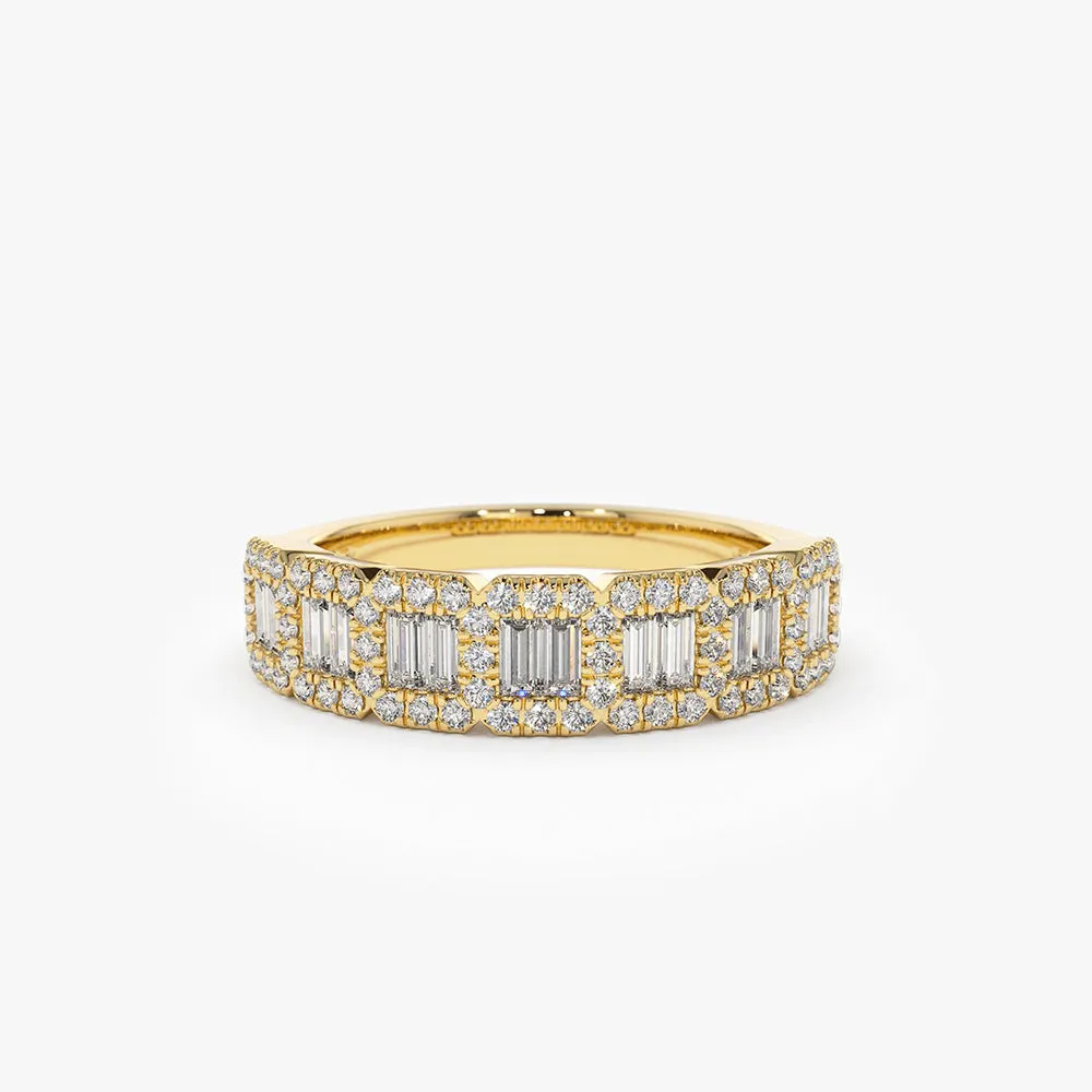 14K Gold Unique Baguette and Round Diamond Anniversary Ring