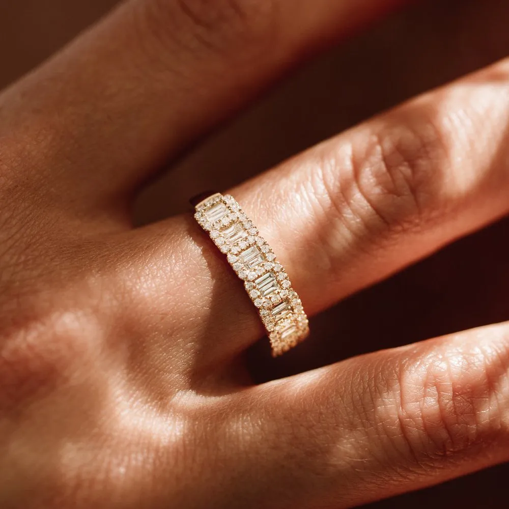 14K Gold Unique Baguette and Round Diamond Anniversary Ring