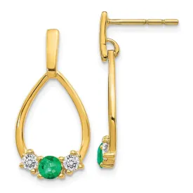 14K Gold w/ Emerald and White Sapphire Post Dangle Earrings