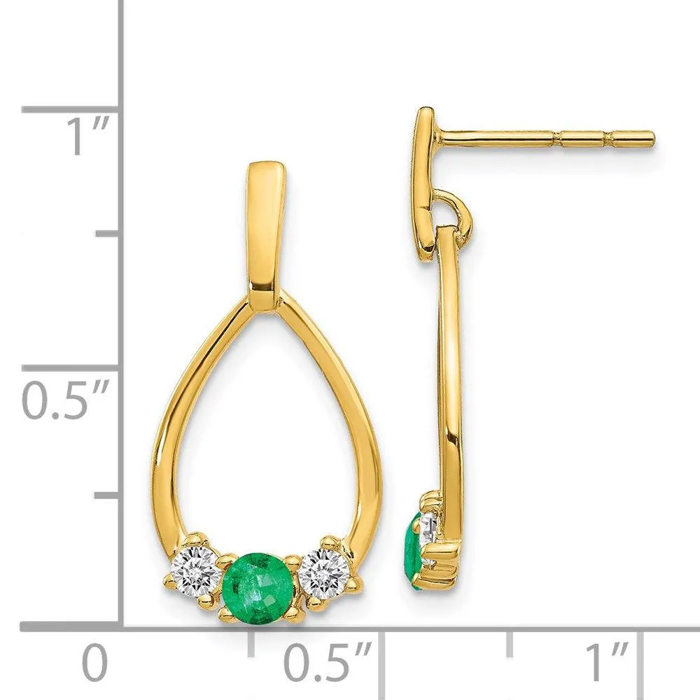 14K Gold w/ Emerald and White Sapphire Post Dangle Earrings