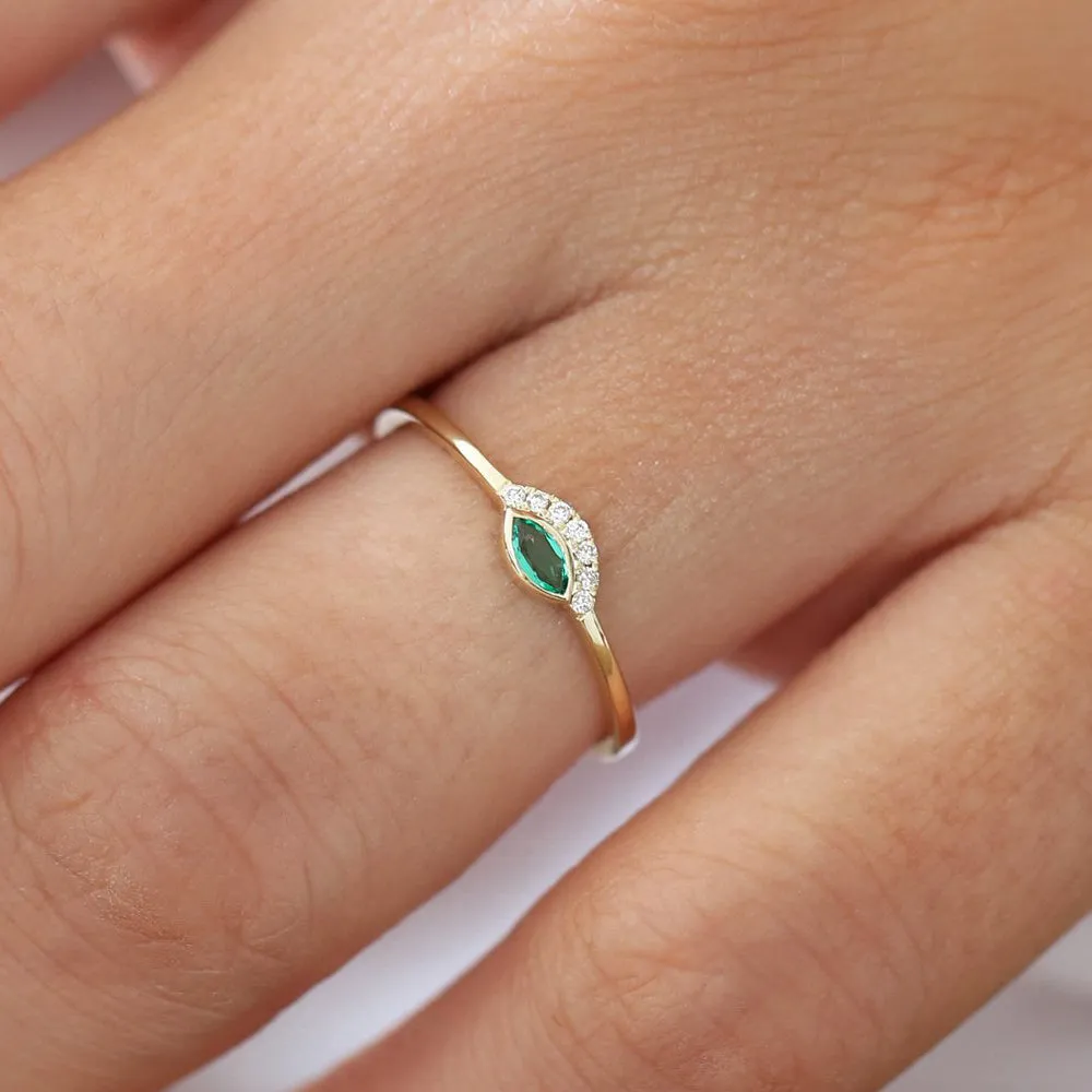 14k Marquise Emerald Eye Diamond Ring