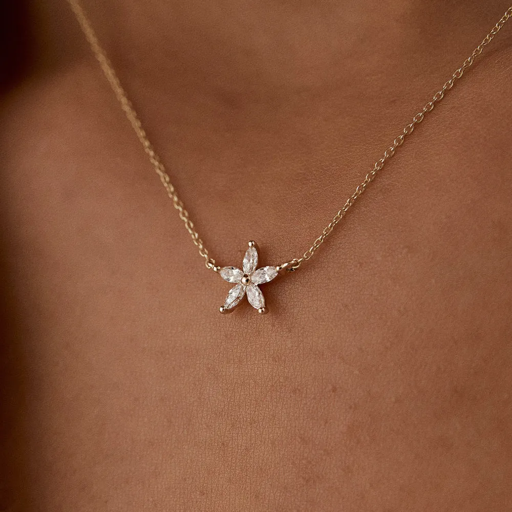 14k Marquise Shaped Diamond Flower Design Necklace