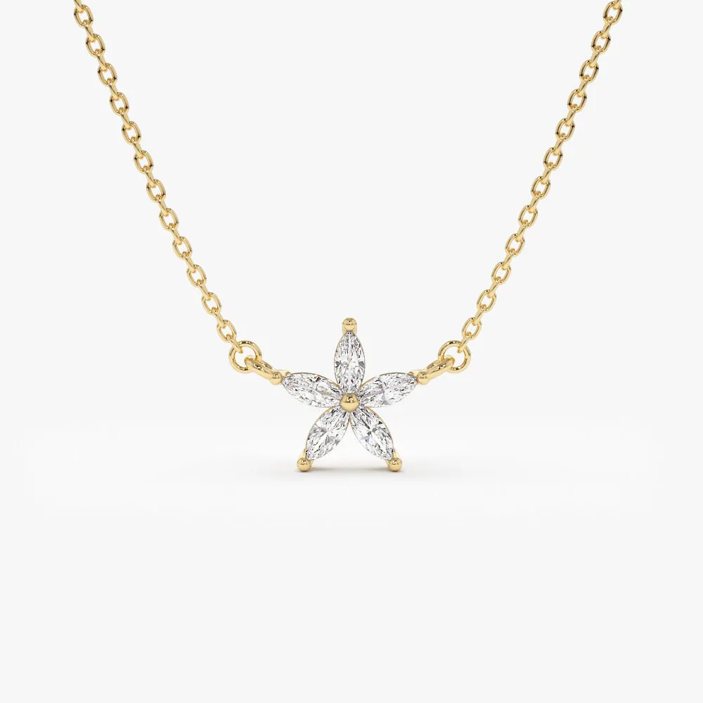 14k Marquise Shaped Diamond Flower Design Necklace