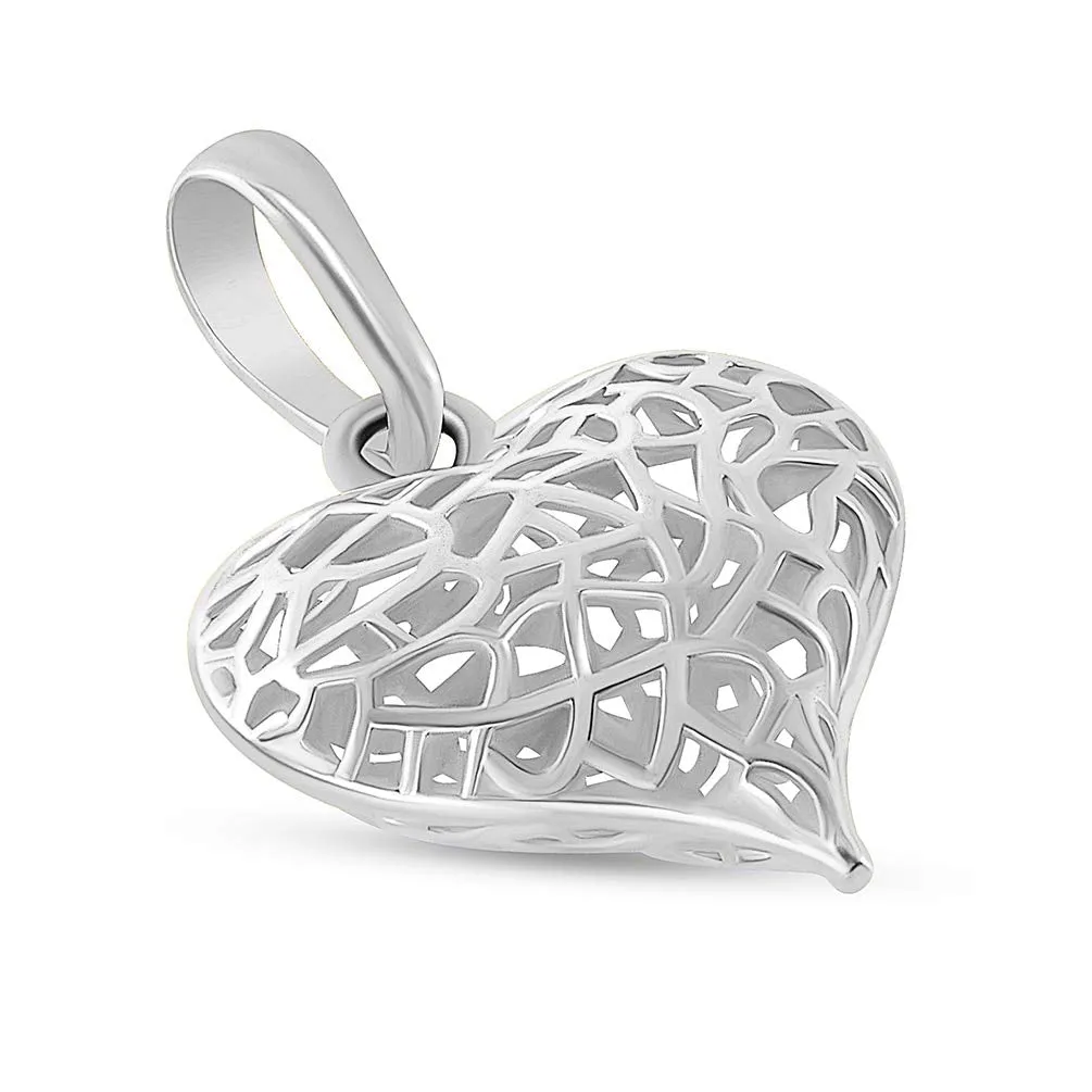 14k White Gold 3-D Open Puffed Heart Charm Pendant