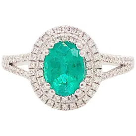 14k White Gold Emerald and Double Diamond Halo Ring