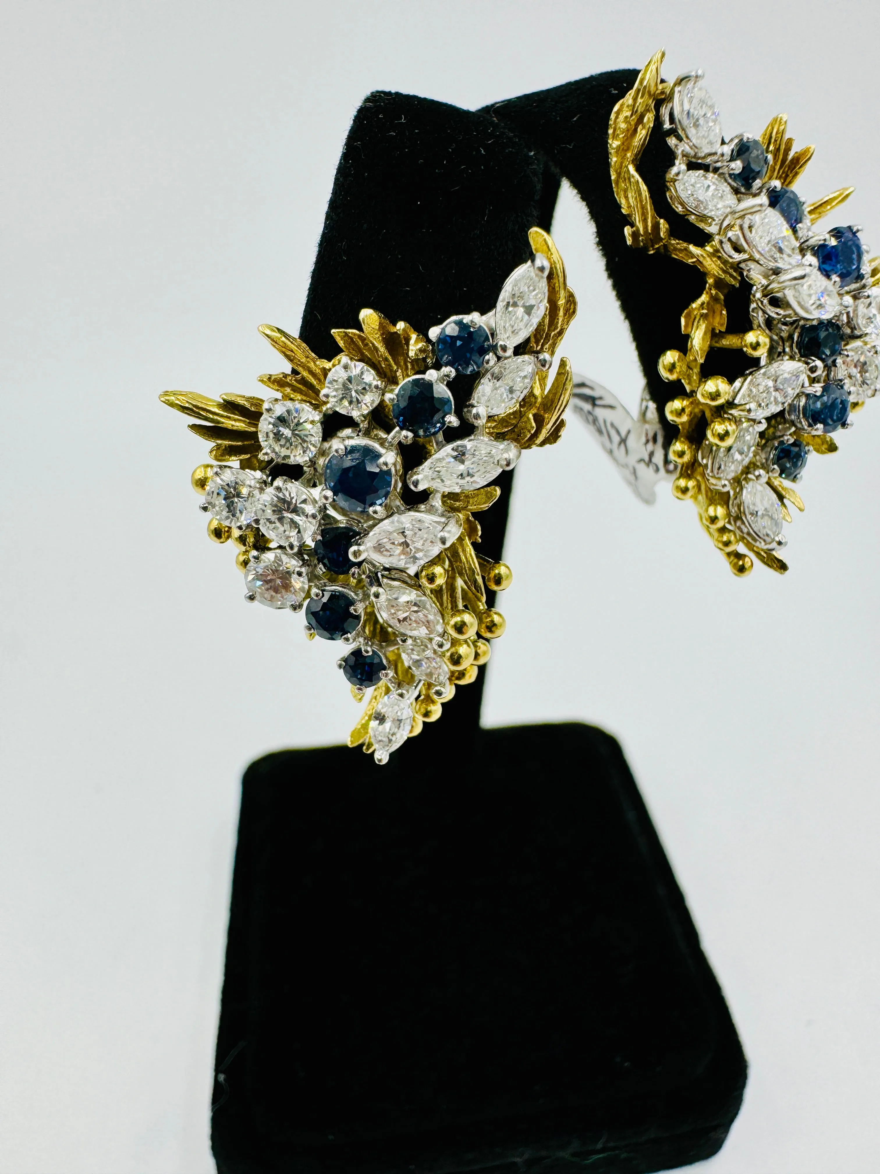 1970s Sapphire Diamond Clip On Yellow Gold Platinum Earrings